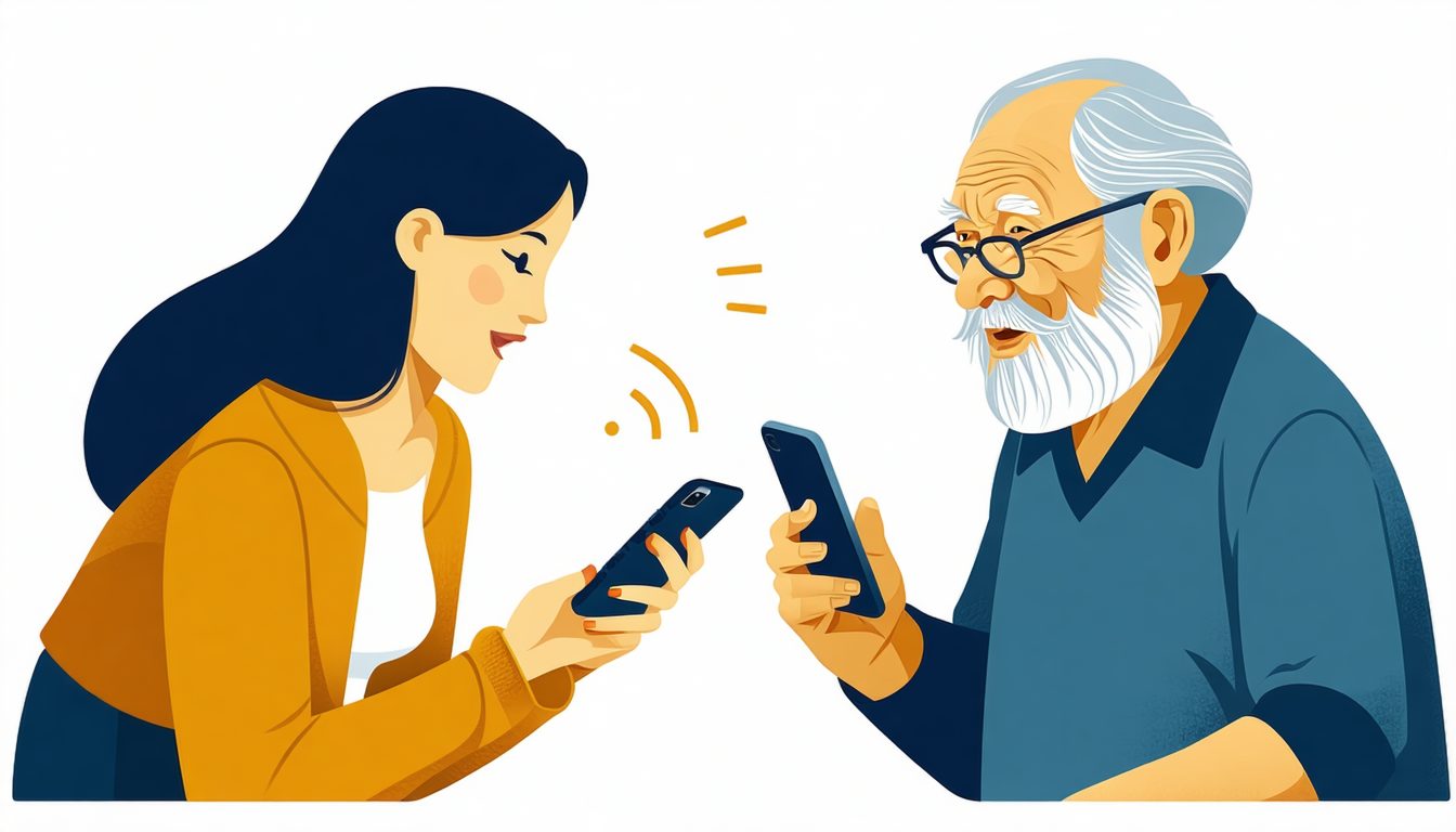 子世代がスマホで親と話し詐欺を防ぐ親子のイメージ