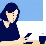 離れて暮らす40代の娘がスマホで親の介護について調べているフラットイラスト