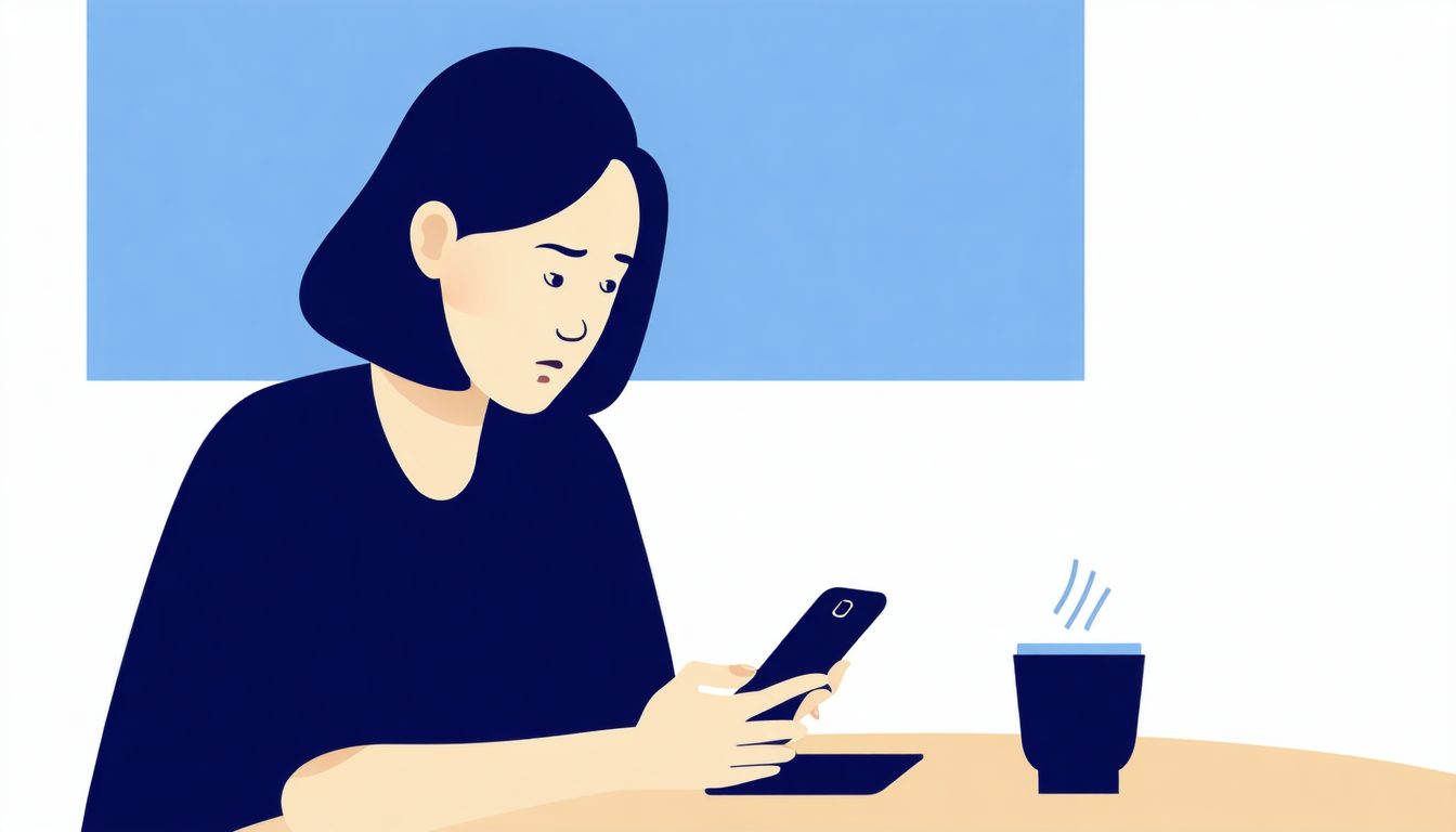 離れて暮らす40代の娘がスマホで親の介護について調べているフラットイラスト
