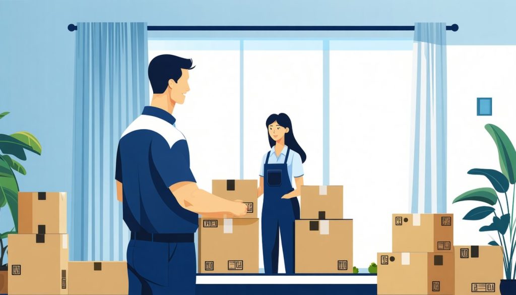 遺品整理業者スタッフが荷物を整理し、40代の女性が安心して見守るフラットイラスト