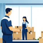 遺品整理業者スタッフが荷物を整理し、40代の女性が安心して見守るフラットイラスト