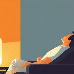 40代が夜ソファで肩をほぐしながらリラックスするやさしい暖色のイラスト