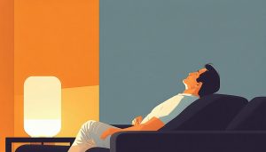 40代が夜ソファで肩をほぐしながらリラックスするやさしい暖色のイラスト