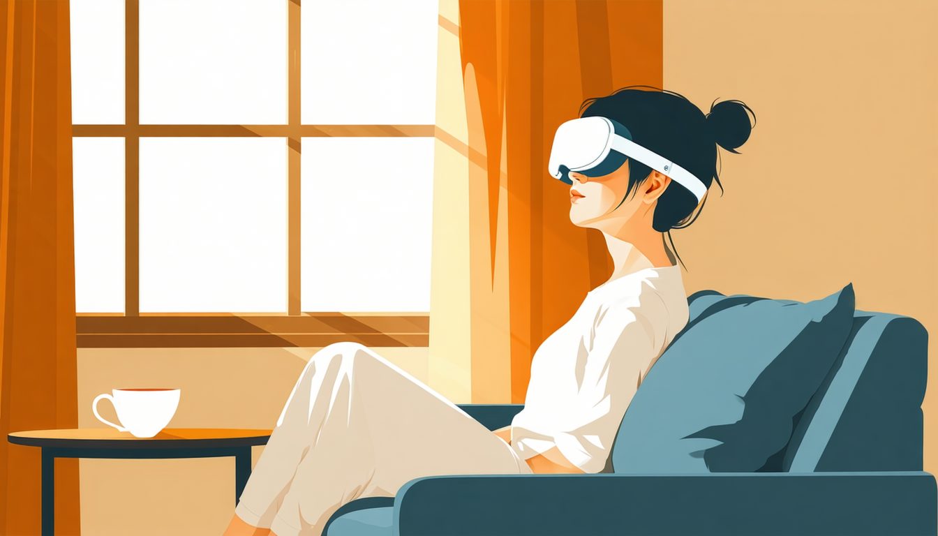 40代が夕方ソファでアイマッサージャーを当ててリラックスするやさしい暖色のシーン