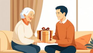 離れて暮らす親へ敬老の日ギフトを手渡す・受け取って笑顔になる親子のあたたかいシーン