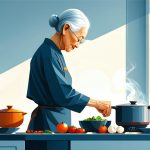 高齢の親が自動調理鍋に食材をセットして待つ、温かくやさしいキッチンシーン