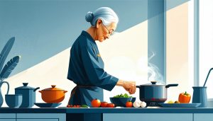 高齢の親が自動調理鍋に食材をセットして待つ、温かくやさしいキッチンシーン