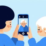 子世代がスマホで実家のカメラ映像を見て安心している親子のフラットイラスト