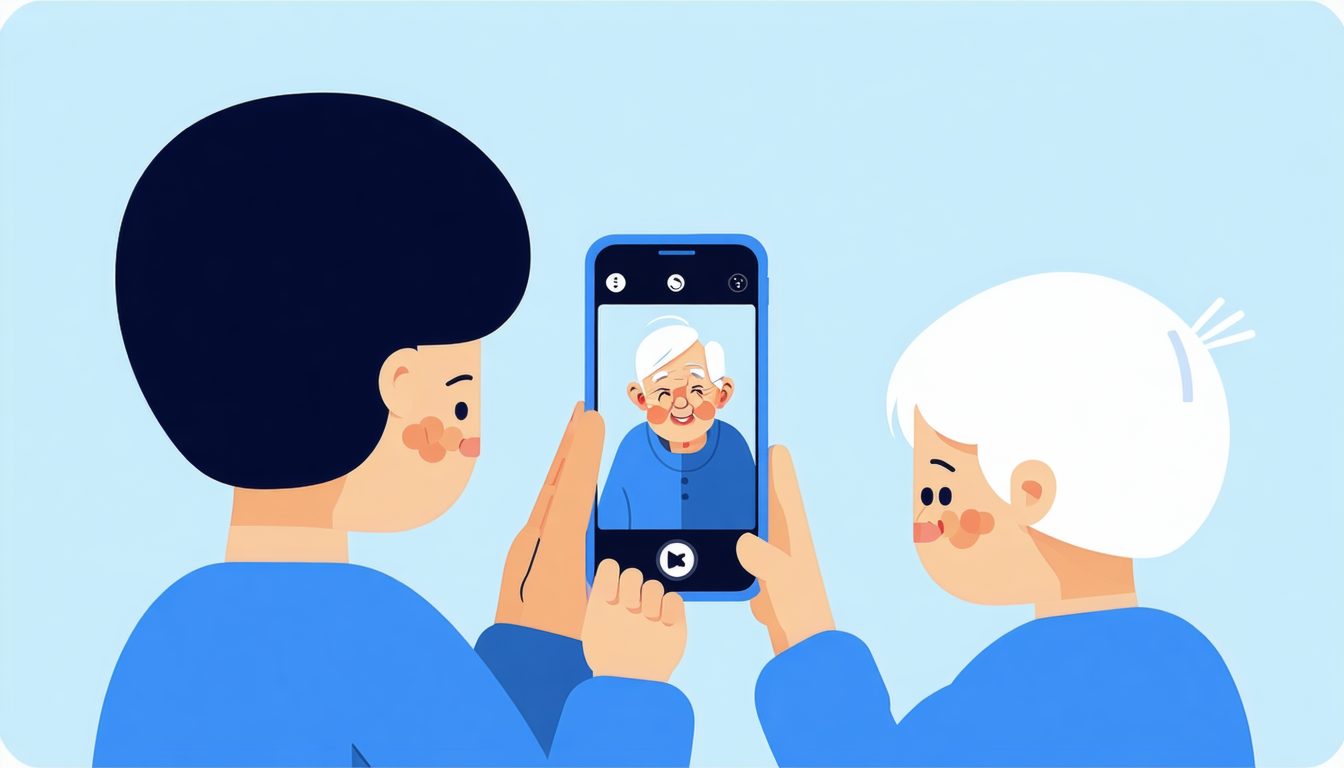 子世代がスマホで実家のカメラ映像を見て安心している親子のフラットイラスト