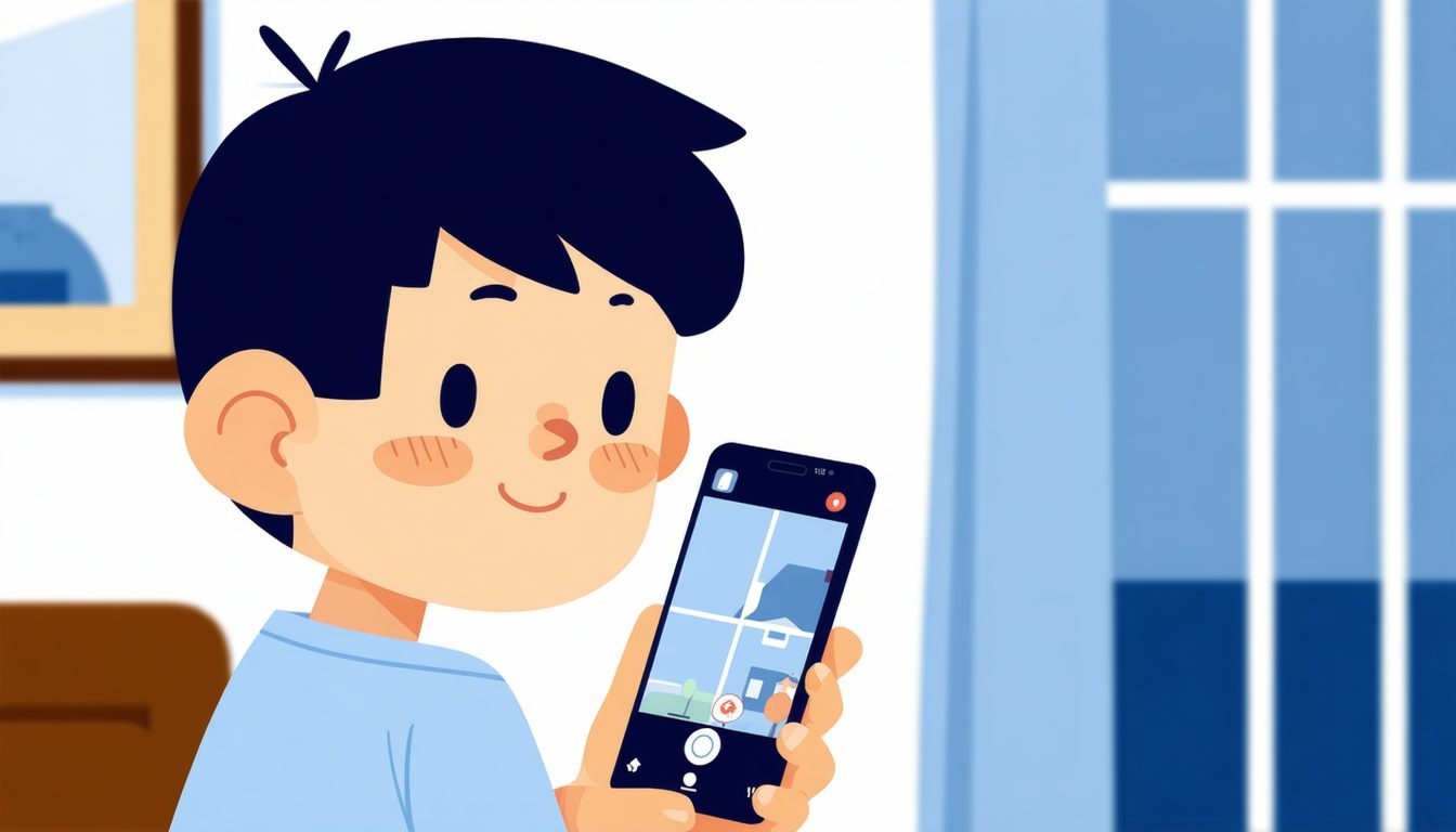 子世代がスマホを手に持ち、画面に実家の見守りカメラ映像が映って安心しているフラットイラスト