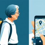 高齢の親がGPSキーホルダー端末を持ち、離れて暮らす子がスマホで位置を確認して安心するシーン