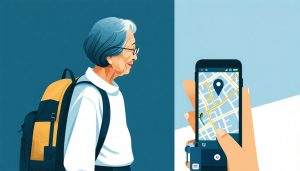 高齢の親がGPSキーホルダー端末を持ち、離れて暮らす子がスマホで位置を確認して安心するシーン