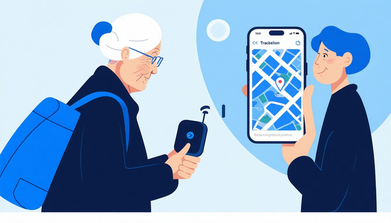 高齢の親がGPS端末をバッグにつけて外出し、離れて暮らす子がスマホで位置情報を確認して安堵するシーン