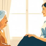 40代の娘と高齢の母が明るいリビングで穏やかに話し合うフラットイラスト