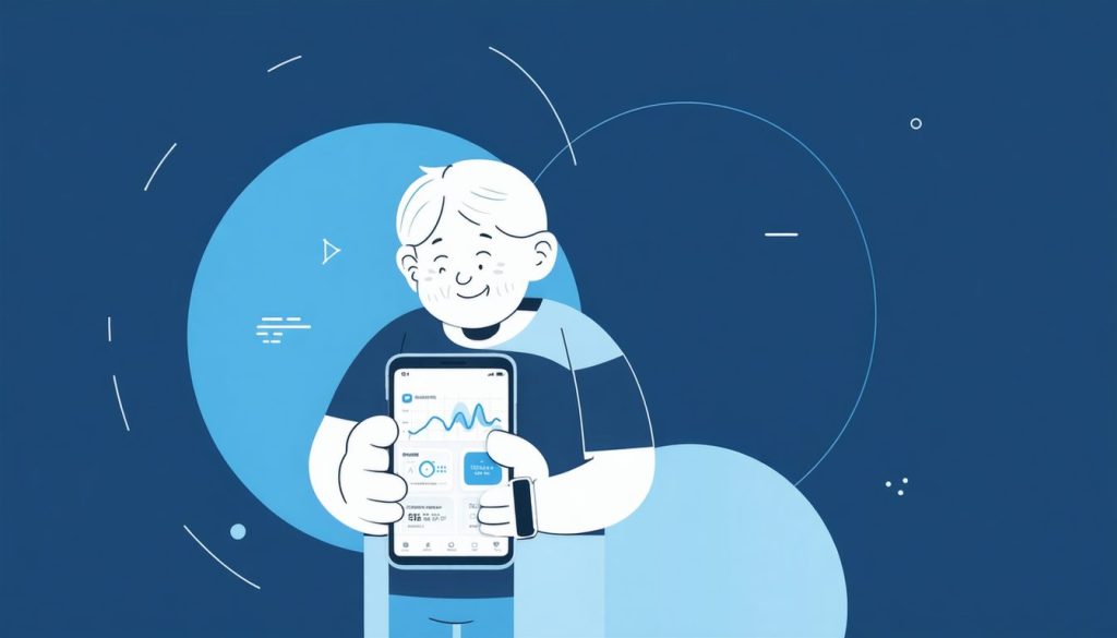 離れて暮らす40代の子世代がスマホで親の健康データを確認して安心しているシーン
