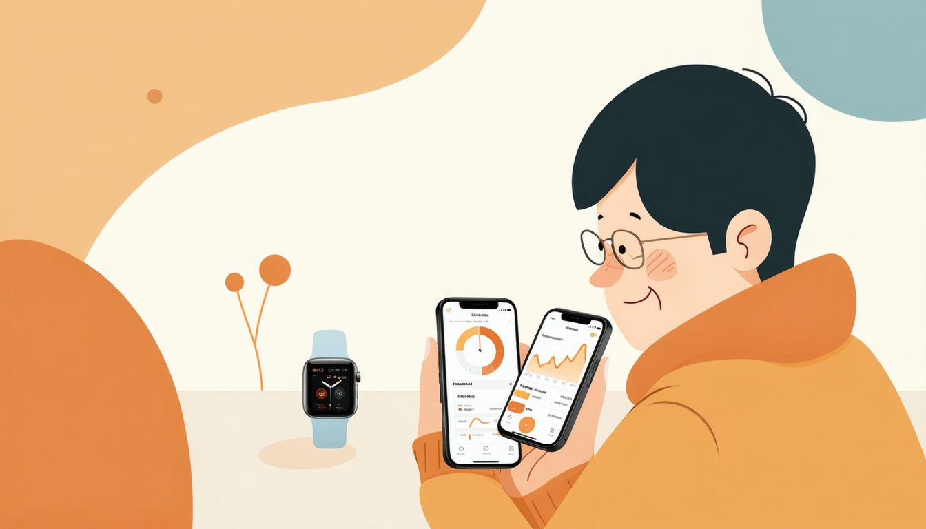 離れて暮らす40代の子世代がスマートフォンで親の健康データを確認して安心している親子のつながりが伝わるシーン
