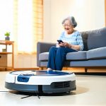 ロボット掃除機が高齢の親の家の床を掃除し、親がソファでくつろぐ。子世代がスマホで操作するイメージ