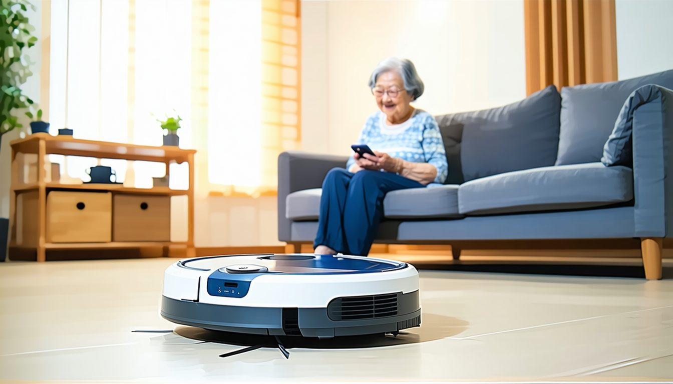 ロボット掃除機が高齢の親の家の床を掃除し、親がソファでくつろぐ。子世代がスマホで操作するイメージ