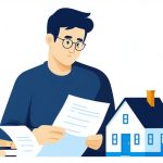 実家の不動産の選択肢を落ち着いて調べる40代のイメージ（フラットイラスト）