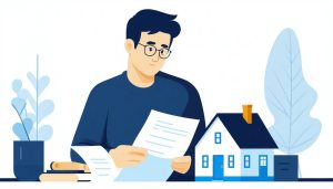 実家の不動産の選択肢を落ち着いて調べる40代のイメージ（フラットイラスト）
