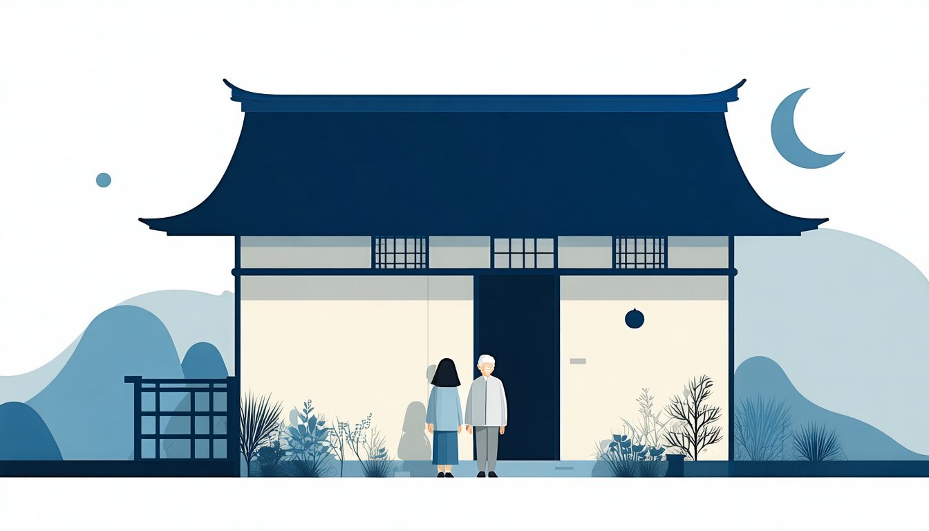 離れて暮らす親の実家の前に立ち、その将来を考える親子のイメージ(フラットイラスト)