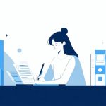 親の相続手続きを落ち着いて調べ、書類を整理する40代のイメージ（フラットイラスト）