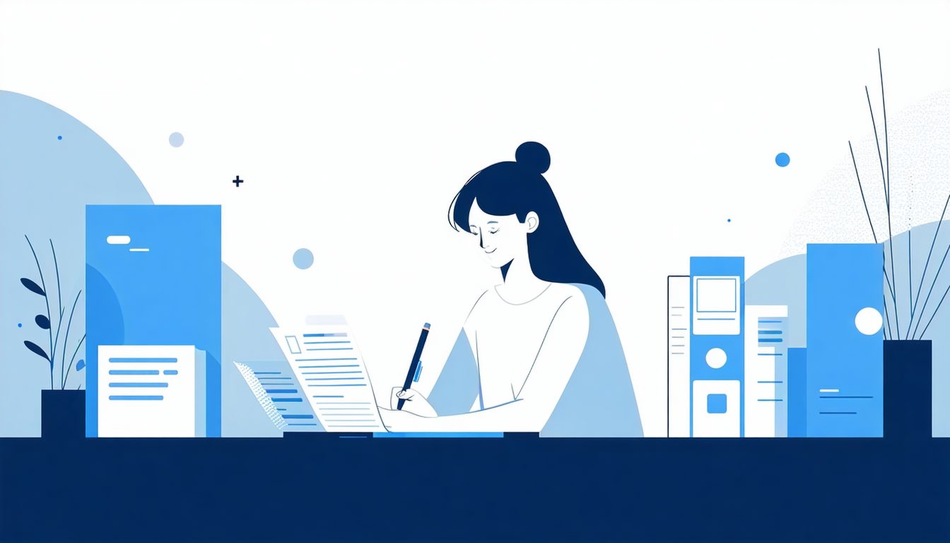 親の相続手続きを落ち着いて調べ、書類を整理する40代のイメージ（フラットイラスト）