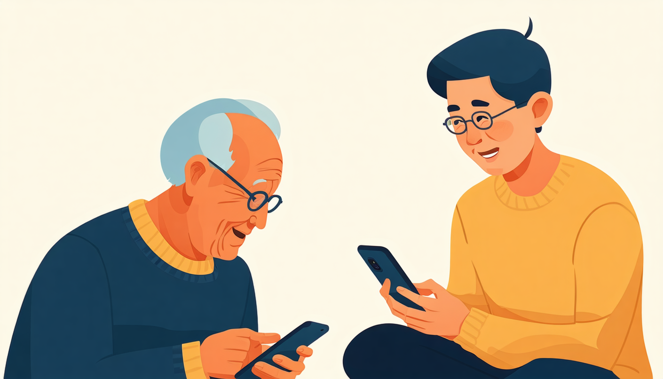 離れて暮らす親とスマートフォンでつながる40代の男性のフラットイラスト