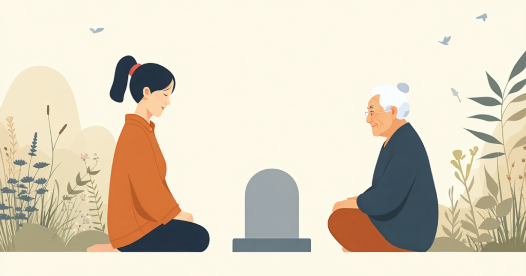 離れて暮らす親と40代の子が、実家のお墓（墓じまい）について穏やかに話し合うイラスト