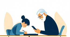 スマホとノートで親のデジタル終活の情報を親子で整理するイラスト