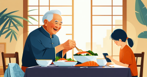 高齢の親が栄養バランスのよい和食を食べ、離れた家族がスマホで気にかけるイメージ